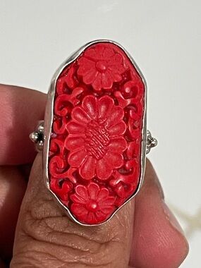 Red Carved Coral Floral Statement Ring - Women Jewelry .925 Sz10